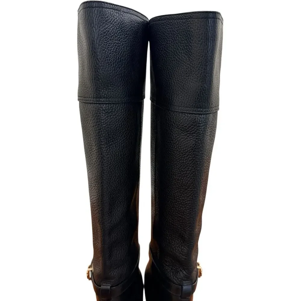 Tory Burch Jenna Black Pebbled Leather Knee High Boots Size 8.5